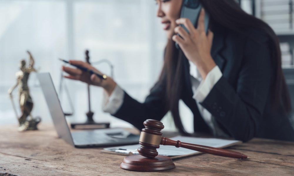 Focused and Determined: A female lawyer works diligently in her